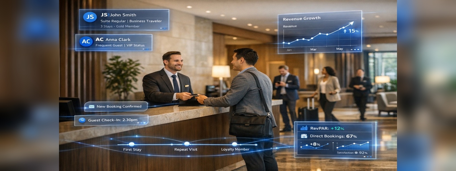 Modern hotel lobby scene showing a guest checking in at reception with digital data overlays highlighting guest profiles, bookings, and revenue insights.